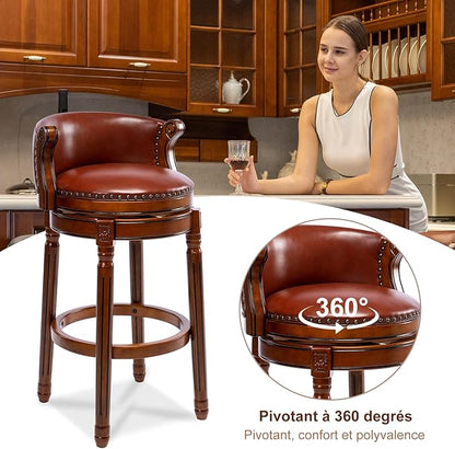 Cow top Leather Wooden Bar Stools, 26" Counter Height Bar Chair with Back, 180 Degrees Swivel Barstools Chair for Home Kitchen Counter,Dining Room, Restaurant