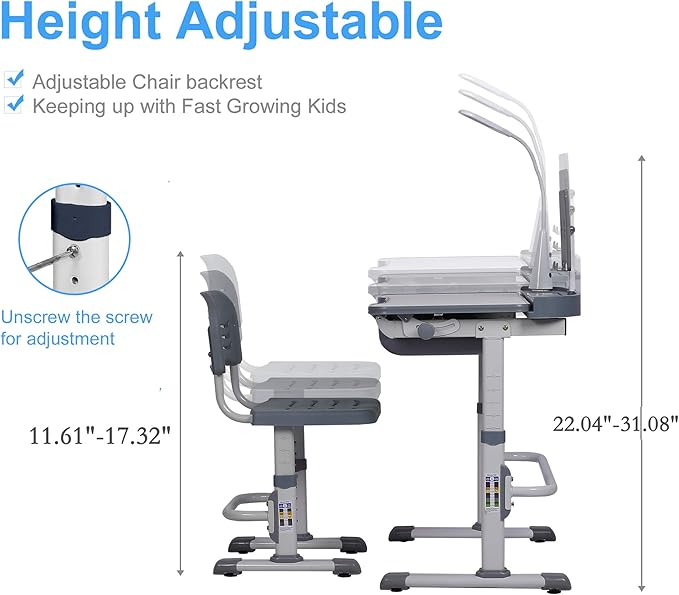 Kids' Desk and Chair Set, Height Adjustable Child's School Study Writing Tables with Tilt Desktop, LED Light, Storage Drawer, Book Stand(Grey)