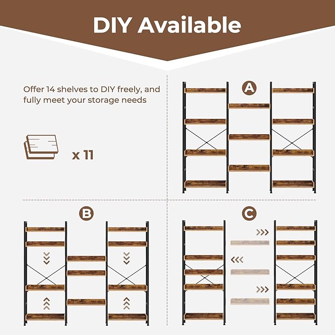 Rolanstar Bookshelf 4 Tiers with 4 Hooks, Triple Bookcase with Open Display Shelves, Industrial Wide Bookshelf with Metal Frame for Living Room, Office, Rustic Brown