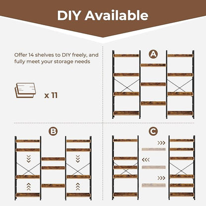Rolanstar Bookshelf 4 Tiers with 4 Hooks, Triple Bookcase with Open Display Shelves, Industrial Wide Bookshelf with Metal Frame for Living Room, Office, Rustic Brown