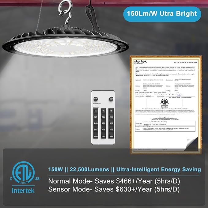 Lightdot 150W Smart LED High Bay Shop Light 5000K 22500LM (Eqv. to 600W HPS/MH) ETL Listed LED High Bay Light, 5000K AC100-277V Commercial UFO Lights with US Plug -8Pack 5Yrs Warranty