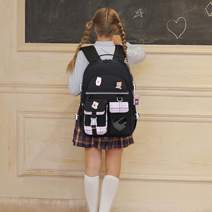 Backpack for Girls - Bookbag Backpacks Schoolbag for Girls Kids Teen Women Casual Travel Daypacks - School Bag Elementary Middle School College Cute Backpack with Lunch Box (Black Purple)