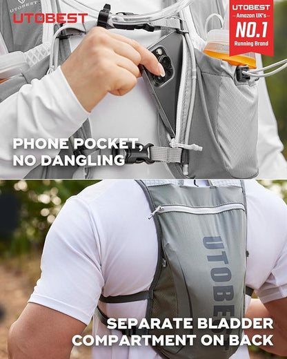 Running Vest, 5L Hydration Vest Lightweight, Breathable and Sweatproof Running Backpack, Adjustable Running Hydration Vest for Trail Running Marathon Race Jogging Cycling
