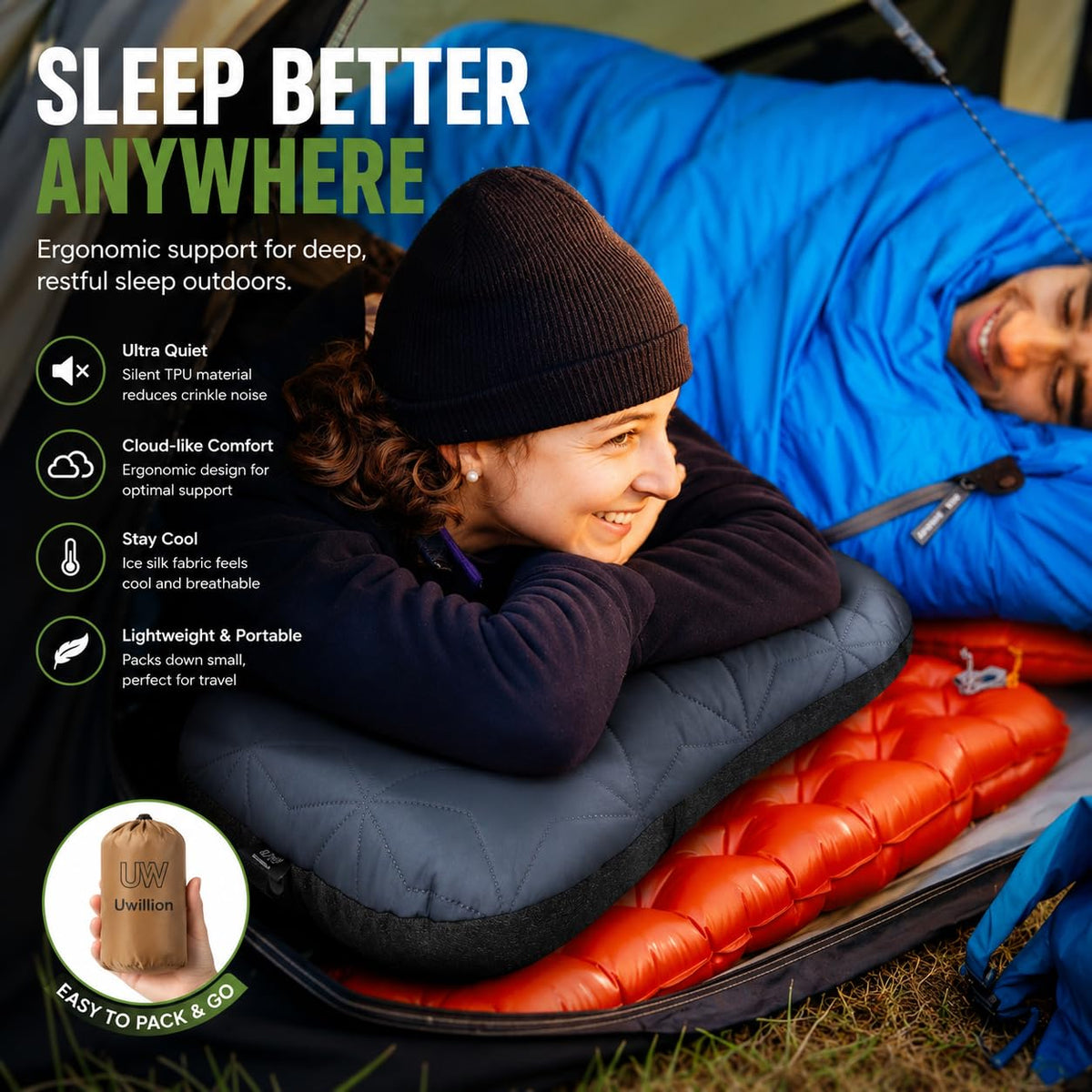 UWILLION Inflatable Camping Pillow with Removable Washable Cover, Ultralight Compact Air Pillow for Backpacking, Hiking, Travel & Camping, Ergonomic Neck and Lumbar Support Blow Up Pillow – Grey