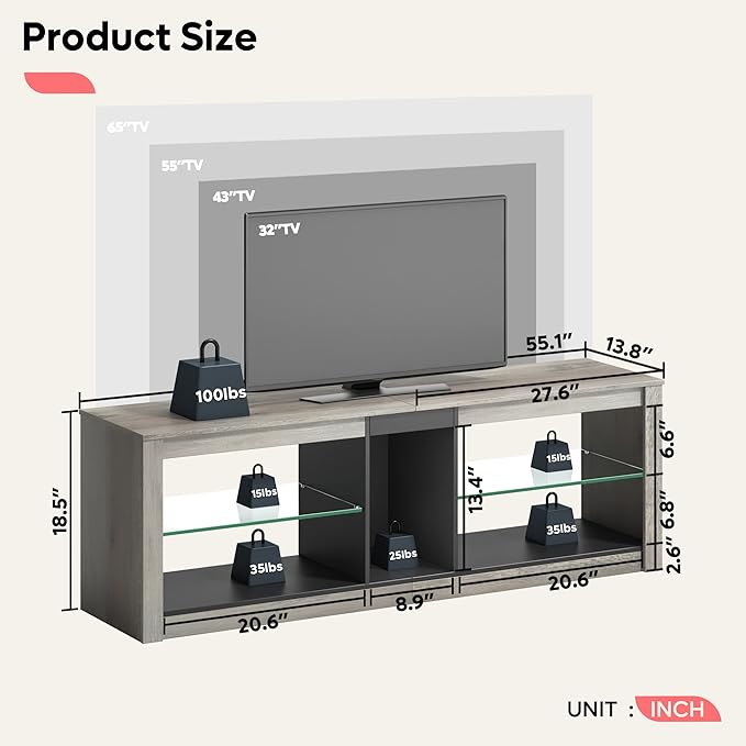 Bestier Entertainment Center LED Gaming TV Stand for 55+ Inch TV Adjustable Glass Shelves 22 Dynamic RGB Modes TV Cabinet Game Console PS4, Wash Gray