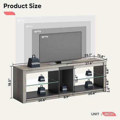 Bestier Entertainment Center LED Gaming TV Stand for 55+ Inch TV Adjustable Glass Shelves 22 Dynamic RGB Modes TV Cabinet Game Console PS4, Wash Gray