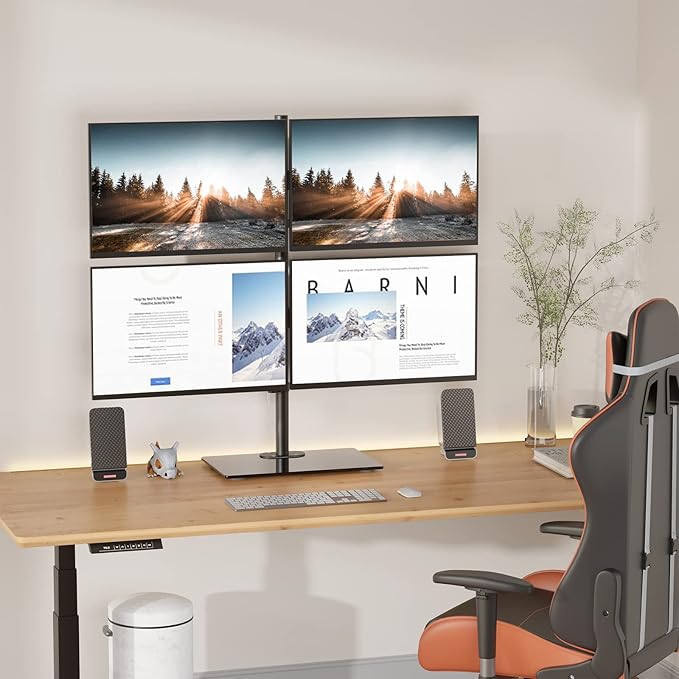 WALI Freestanding Quad Monitor Mount for 17-27 Inch Screens, Fully Adjustable 4 Monitor Stand with Swivel, Tilt, Rotation, Glass Base, Max Load 22 lbs per Arm (GMF004), Black