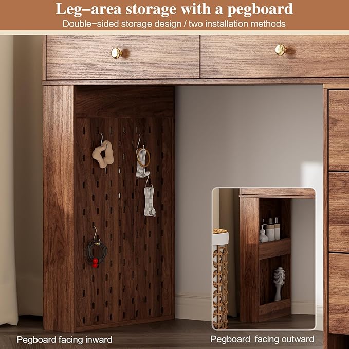 Makeup Vanity Desk with Mirror and Lights, Vanity Desk with 8 Drawers & Storage Shelves, Vanity Table with Power Outlet, 3 Color Modes & Adjustable Brightness Dressing Table, Bedroom,Brown