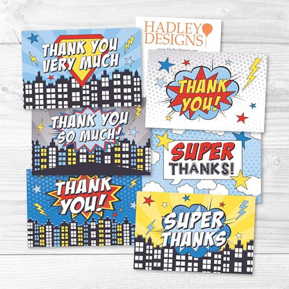 Hadley Designs 24 Superhero Thank You Cards With Envelopes - 4x6 Kids Thank You Cards Boys Birthday Bulk, Blank Baby Boy Super Hero Teacher Appreciation Notes, Superhero Party Supplies, Made In USA