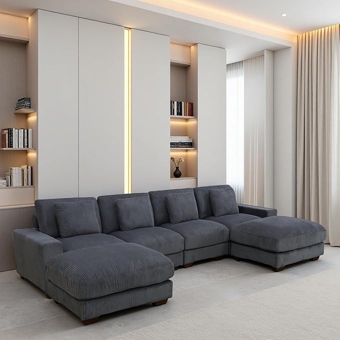 Sectional Couches for Living Room, Stylish Sectional Loveseat Sofa with Double Ottoman & Deep Seats, Living Room Furniture Home Sofa for Adults, Charcoal Gray