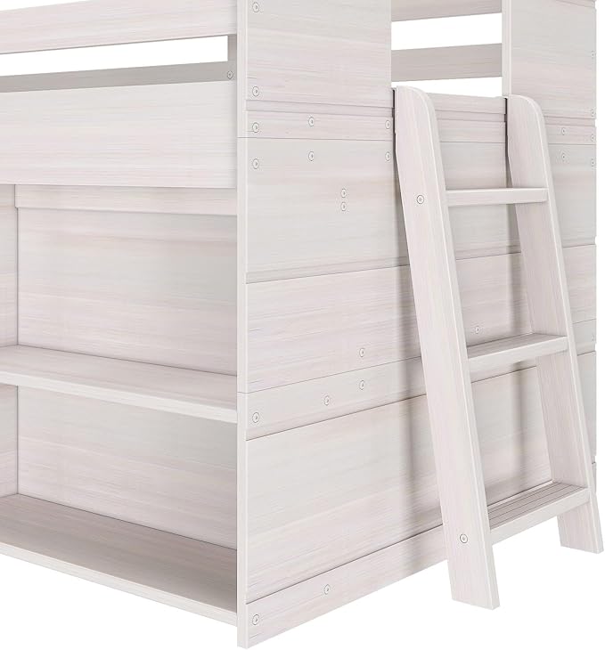 Max & Lily Modern Farmhouse Twin Low Loft Bed with Bookcase - Solid Wood, 15” Guardrails, 400-lb Capacity, Low-VOC Finish, White Wash