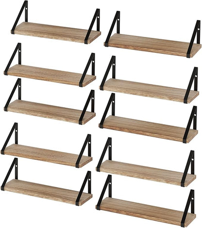Wallniture Ponza 17'' x 4.5'' Floating Wall Shelf Bathroom, Small Wood Book Shelves for Wall Storage, Wall Mounted Shelf, Dining Room, Bedroom, Living Room, Office & Kitchen Organization, Burnt, 10pcs