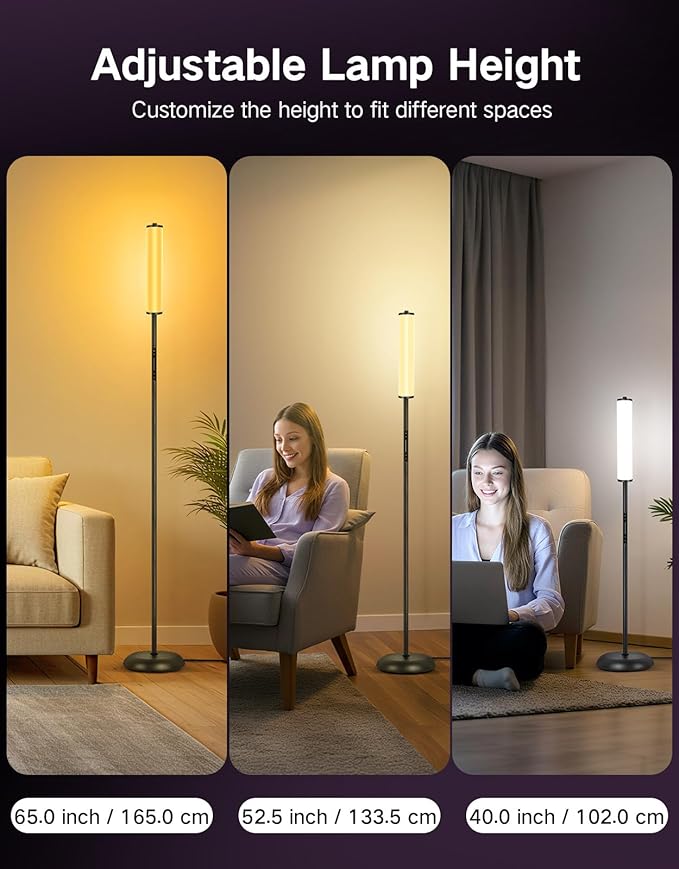 OUTON Bright LED Floor Lamp with Remote, Touch & APP Control, 1500LM 65" Tall Smart Standing Lamp, Color Changing Ambient Lighting, Music Sync, Modern Corner Lamps for Living Room, Bedroom, Black