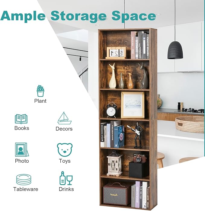 6-Tier Book Shelf, Floor Standing Open Bookcase, Wooden Display Storage Shelves with Anti-Tipping Device, 71" Tall Bookshelf for Bedroom, Living Room and Office, Brown