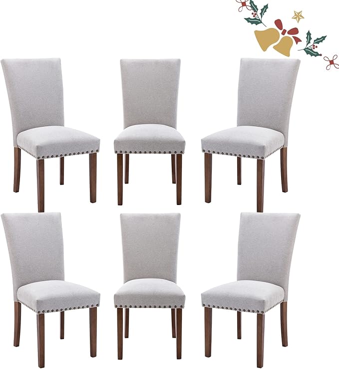 Parsons Dining Chairs Set of 6, Upholstered Nailhead Dining Room Kitchen Side Chair with Thick Cushions and Wood Legs, Light Grey