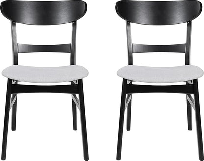 Set of 2 Solid Wood Dining Chairs, Fabric Upholstered Seat Mid-Century Modern Kitchen Furniture for Living Room, Light Beige+Black