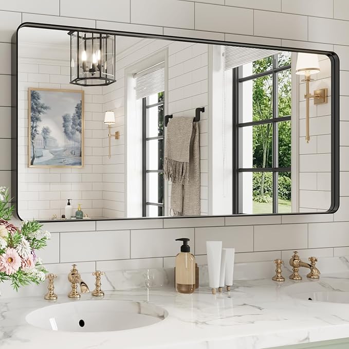 WEER Black Bathroom Mirror for Wall, 48X24 Inch Matte Black Mirror, Rectangular Black Metal Framed Vanity Mirror with Tempered Glass, Rounded Corner, Anti-Rust (Horizontal/Vertical)