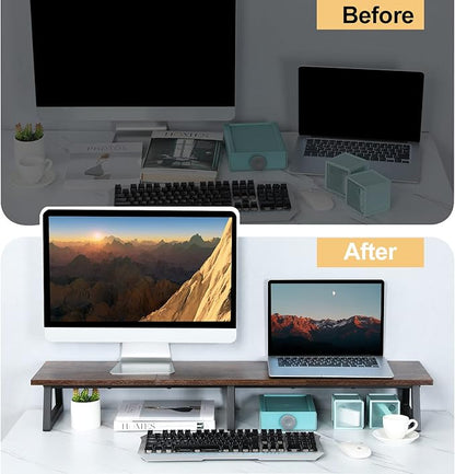 TEAMIX 42 inch Large [Dual] [Monitor] [Riser],Rustic Brown Extra Long TV [Stand Wood & Steel Desktop [Riser] with Storage for [Dual] Screen Office Desk Organization