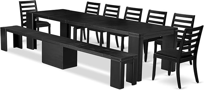 X07X1-B06-24 9-pc Modern Dining Room Table Set a Rectangular Dining Table and 2 wooden Benches and 7 Black Polyester Stackable Chair, 39x120 Inch, Wire Brushed Black