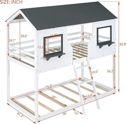 Ball & Cast Twin Over Twin Size Playhouse Bunk Bed with Roof and Window,Wood Bunkbed w/Full-Length Guard Rail & Ladder,Slat Support,Space Saving,Bedroom Furniture for Student Dorms,White