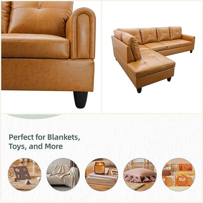 L Shaped Sectional Couches, Leather Couch Modular Sectional Sofa with Ottoman Storage, Modern L Shaped Couch with Chaise for Living Room Bedroom Apartment Furniture, Orange