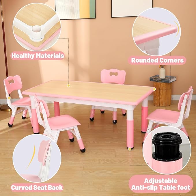 FUNLIO Kids Table and 4 Chairs Set for Ages 3-8, Height Adjustable Toddler Table and Chair Set, Easy to Wipe Arts & Crafts Table, for Classrooms/Daycares/Homes, CPC & CE Approved (5 pcs Set) - Pink