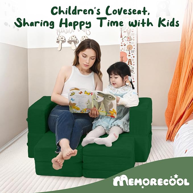 MeMoreCool Modular Kids Couch, Corduroy Play Toddler Couch for Bedroom Playroom Furniture, Convertible Foam Kids Sofa Bed, Fold Out Baby Sofa for Girl Boy, Green