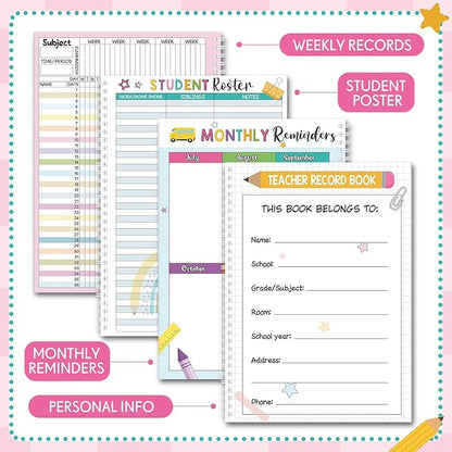 Retro Teacher Record Book Teacher Grade Book 2026-2027 Spiral Bound Record Class Planner 2026 Gradebook Office Favors for Classroom Attendance Supplies Double Sided Printing