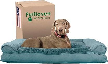 Furhaven Pillow Dog Bed for Large Dogs w/ Removable Bolsters & Washable Cover - Plush & Suede Sofa - Deep Pool, Jumbo/XL