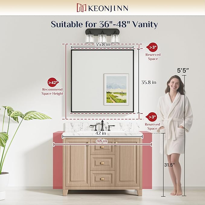 Keonjinn 36 x 36 Inch Brushed Nickel Bathroom Mirrors for Over Sink, Beveled Rectangle Framed Mirror for Wall, Farmhouse Bathroom Vanity Mirror, Square Corner, Tempered Glass