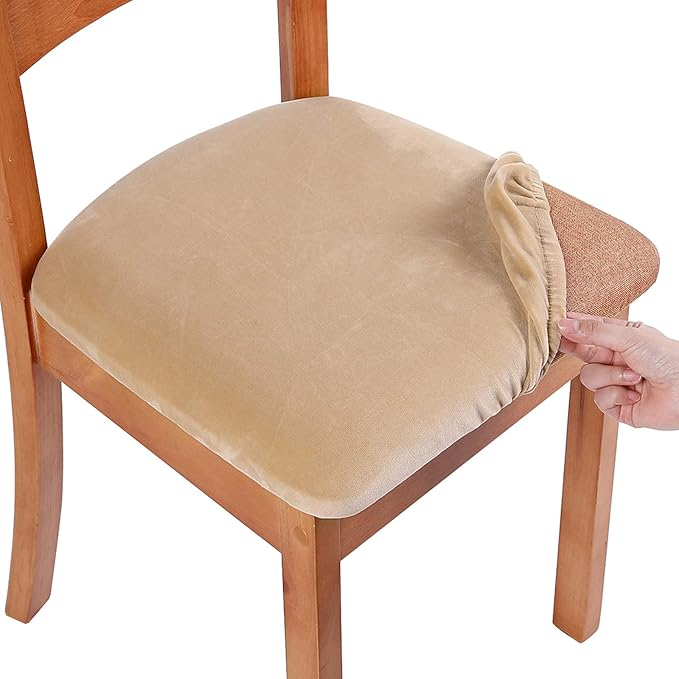 Smiry Velvet Seat Covers for Dining Room Chair Set of 4, Stretch Fit Removable Washable Chair Seat Cushion Protector Slipcovers with Ties, Beige