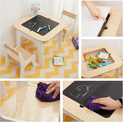 Toffy & Friends Wooden Storage Table and Chairs Set, White, 3-Piece Set, Ideal for Children's Learning, Activity Table or Dining