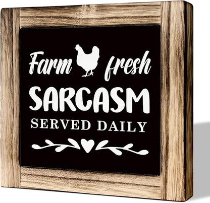 Farm Fresh Sarcasm Served Daily - Rustic Wooden Tabletop Decor Sign for Kitchen or Dining Room