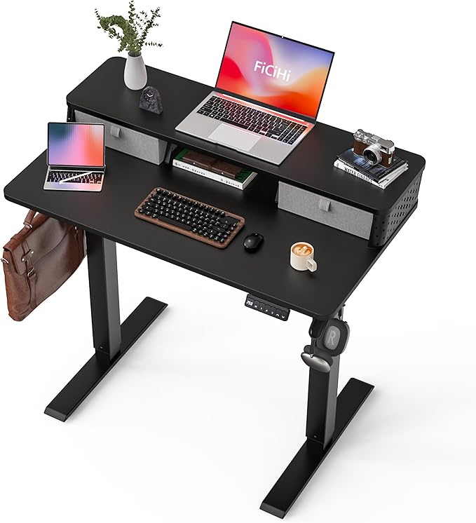 40x24 Inch Standing Desk with Double Drawers, C-Clamp Mount Compatible, Electric Adjustable Height Computer Stand Up Desks, Home Office Sit Stand Table with 3 Preset Heights & 2 Hooks, Black