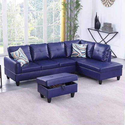 Blue L-Shaped 3-Piece Faux Leather Sofa with Storage Ottoman Set, Sectional Couch Sofa Set for Living Room, Office, Small Space