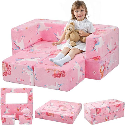 MeMoreCool Modular Kids Couch, Glow Play Toddler Couch for Bedroom Playroom, Convertible Foam Kids Sofa Bed, Fold Out Baby Sofa for Girl Boy, Pink Fairy