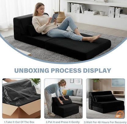 Tiita Convertible Folding Sofa Bed Single Size for Adults with Pillow, Plush Fabric Floor Mattress Couch Bed, Washable Cover & Side Pocket, Guest Room, Dorm, Apartment, Living Room, Black