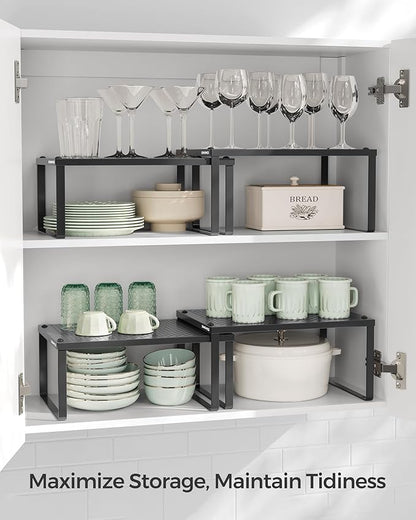 SONGMICS Spice Racks, Set of 2 Metal Cabinet Shelf Organizers, Countertop Organizers, Shelf Risers, Stackable, Expandable, Ink Black UKCS001B01