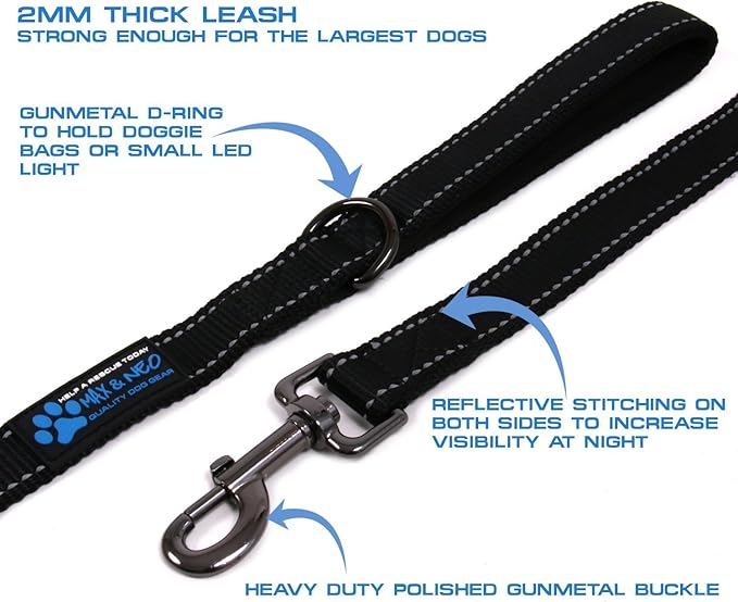 Max and Neo Reflective Nylon Dog Leash - We Donate a Leash to a Dog Rescue for Every Leash Sold (Black, 6 FT)