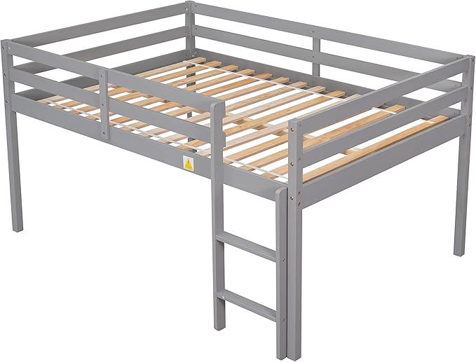 HomSof Full Loft Bed with Guard Rail & Ladder,No Box Spring Needed,Easy Assembly,Grey