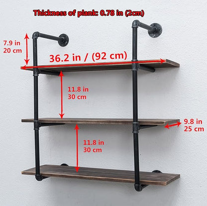 Industrial Pipe Shelving Wall Mounted,36in Rustic Metal Floating Shelves,Steampunk Real Wood Book Shelves,Wall Shelf Unit Bookshelf Hanging Wall Shelves,Farmhouse Kitchen Bar Shelving(3 Tier)