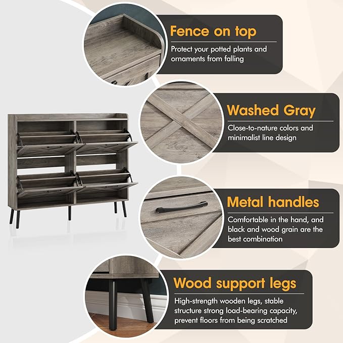 Maupvit Large Shoe Storage Cabinet with 4 Flip Drawers, Narrow Shoe Cabinet for Entryway with Wooden Legs, Freestanding Hidden Shoe Rack Organizer ＆ Metal Hinges, Washed Gray