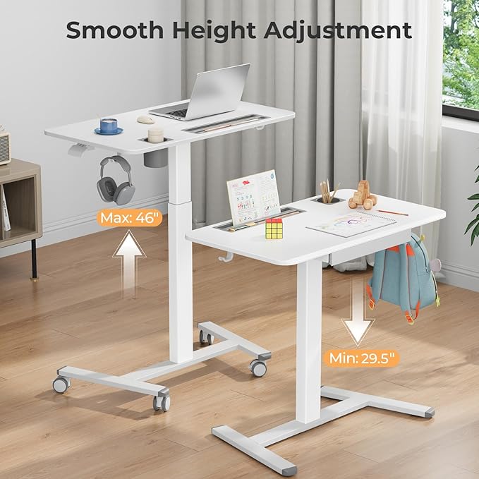 Mobile Standing Desk with Drawer, 35" Small Standing Desk with Cup Holder, Rolling Laptop Desk on Wheels, Height Adjustable Desk with Storage for Home Office, White