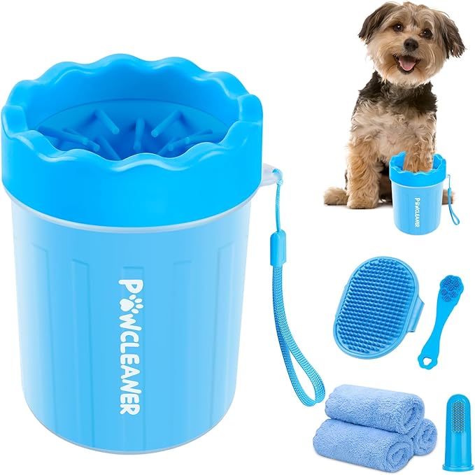 Professional 7 in 1 Dog Paw Cleaner for Dogs & Cats - Includes 1 Portable Paw Washer, 1 Bath Brush, 2 Dog Toothbrushes and 3 Absorbent Towels Note: Fits Paws up to 2 Inches Wide (Small, Blue)