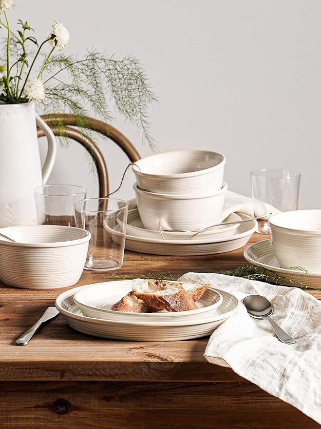 LE TAUCI Dishes Set for 4, Stoneware Plates and Bowls Set, Farmhouse Ceramic Dinnerware, Microwave & Dishwasher Safe, Stackable,12-Piece, Arctic White (10" Dinner+8" Salad Plates+6" Bowls)