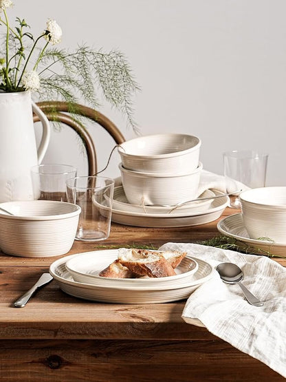 LE TAUCI Dishes Set for 4, Stoneware Plates and Bowls Set, Farmhouse Ceramic Dinnerware, Microwave & Dishwasher Safe, Stackable,12-Piece, Arctic White (10" Dinner+8" Salad Plates+6" Bowls)