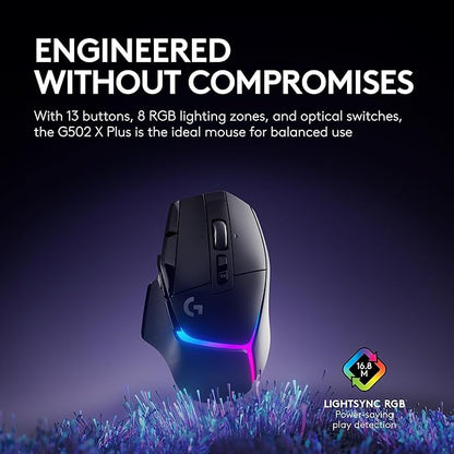 Logitech G502 X Plus Lightspeed Wireless RGB Gaming Mouse - Optical Mouse with LIGHTFORCE Hybrid switches, LIGHTSYNC RGB, Hero 25K Gaming Sensor, Compatible with PC - macOS/Windows - Black