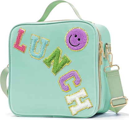 Insulated Lunch Bag Women Lunch Box Kids for Teen Girls Boys, Cute Preppy Lunch Boxes With Adjustable Shoulder Strap, Waterproof Nylon Lunchbox Lunch Bags for School Work Picnic (Green)