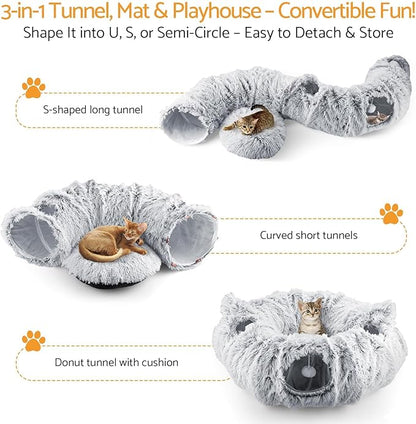 Cat Tunnel Cat Bed for Indoor Cats,Christmas Tree cat Tunnel 3-in-1 Foldable Plush Donut Tunnel with Washable Cushion, Peekaboo Cat Cave with Ears for Kittens, Puppy, Rabbit (Gray)