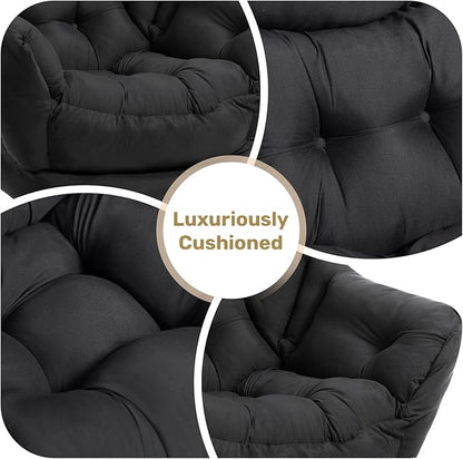 HollyHOME Lazy Chair with Foldable Ottoman,Accent Comfy Lounge Arm Chair and Folding Footrest Stool Set,Leisure Sofa Reading Chair and Footstool for Living Room,Bedroom, Dorm,Peachskin Fabric Black